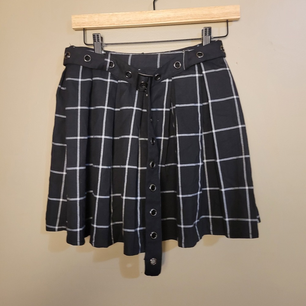 Hot Topic Black And White Plaid A-line Skirt With Belt Size M